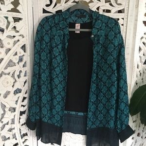 100% silk blue & black shear button down shirt